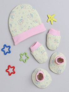 BUMZEE Yellow & Pink Girls Cotton Cap Mitten Bootie Set