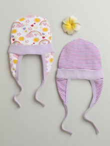 BUMZEE White & Lavender Baby Girls Ear Flap Tying Cap Pack Of 2