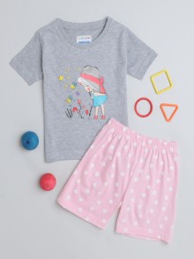 BUMZEE Grey & Pink Girls Half Sleeves T-Shirt & Short Set