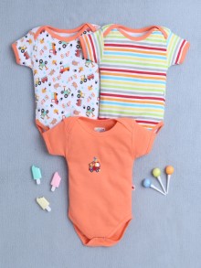 BUMZEE Orange & White Baby Boys Half Sleeves Cotton Bodysuit / Onesies Pack Of 3