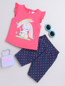 BUMZEE Navy & Pink Girls Sleeveless T-Shirt & Capri Set