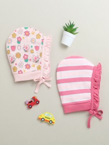 BUMZEE Peach & Pink Girls Cotton Pack Of 2 Bonet Cap