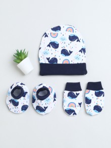 BUMZEE White & Navy Boys Cotton Cap Mitten Bootie Set