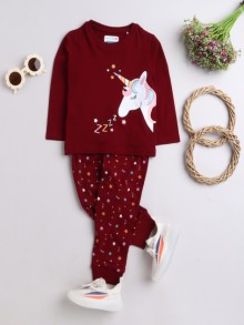 Bumzee Maroon Girls Full Sleeves T-Shirt & Pajama Set