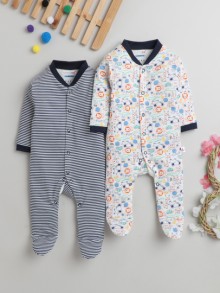 BUMZEE Navy & White Baby Boys Full Sleeves Sleepsuit Pack Of 2