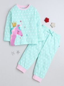BUMZEE Mint Green Girls Full Sleeves T-Shirt & Pyjama Set