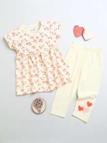 BUMZEE Cream Girls Cap Sleeves Cotton Frock & Legging Set