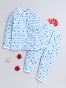 BUMZEE White & Blue Boys Full Sleeves Cotton Night Suit