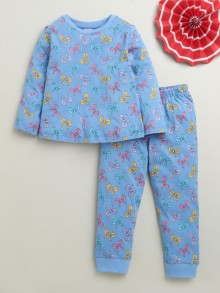 BUMZEE Blue Girls Full Sleeves Cotton T-Shirt & Pyjama Set