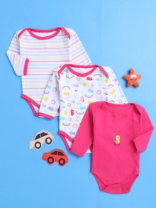 BUMZEE Pink & White Baby Girls Full Sleeves Cotton Bodysuit - Onesies Pack Of 3