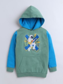 BUMZEE Green & Blue Boys Full Sleeves Cotton Hooded Sweatshirt