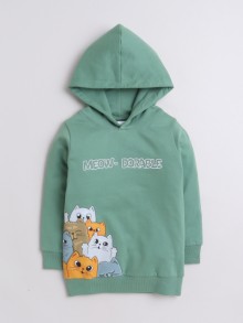 BUMZEE Green Girls Full Sleeves Cotton Hooded Sweatshirt