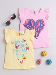 BUMZEE Pink & Yellow Girls Sleeveless T-Shirts Pack Of 2