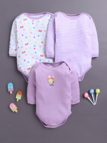 BUMZEE Lavender & White Baby Girls Full Sleeves Cotton Bodysuit Onesies Pack Of 3
