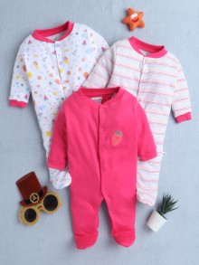 BUMZEE Pink & Multi Baby Girls Full Sleeves Sleepsuit Pack Of 3