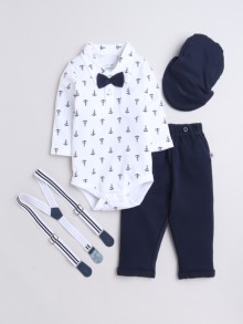 BUMZEE Navy & White Boys Full Sleeves Cotton Bodysuit Pant Set With Suspender & Cap