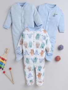 BUMZEE Blue & White Boys Full Sleeves Sleepsuit Pack Of 3