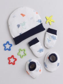 BUMZEE White & Navy Boys Cotton Cap Mitten Bootie Set