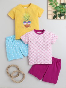 Bumzee Yellow & Purple Girls T-Shirt & Short Set Pack Of 2