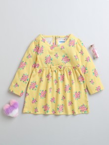 BUMZEE Yellow Girls Full Sleeves Cotton Knee Length Casual Frock