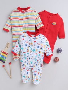 BUMZEE Red & Multi Boys Full Sleeves Sleepsuit Pack Of 3