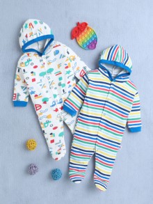 BUMZEE White & Multi Baby Boys Full Sleeves Sleepsuit With Hood Pack Of 2