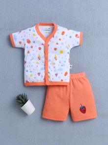 BUMZEE Orange & White Baby Girls Half Sleeves Jabla & Short Set