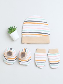 BUMZEE White & Beige Boys Cotton Cap Mitten Bootie Set