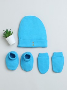 BUMZEE Blue Boys Cotton Cap Mitten Bootie Set