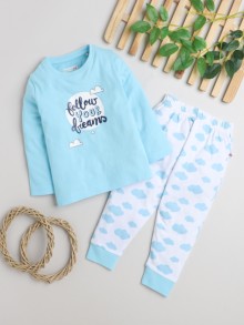 BUMZEE Sky Blue & White Boys Full Sleeves T-Shirt & Pyjama Set