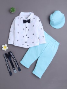 BUMZEE Aqua Blue & White Boys Full Sleeves Shirt Pant Set With Suspender & Cap