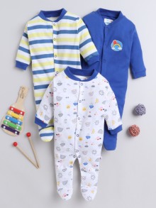 BUMZEE Royal Blue & White Baby Boys Full Sleeves Sleepsuit Pack Of 3