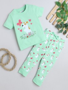 BUMZEE Green Girls Half Sleeves T-Shirt & Pyjama Set
