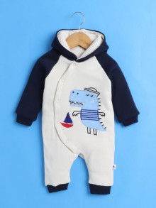 BUMZEE Beige & Navy Boys Full Sleeves Trendy Padded Hooded Sleepsuit