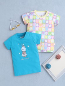 BUMZEE Blue & Multi Girls Half Sleeves T-Shirt Pack Of 2