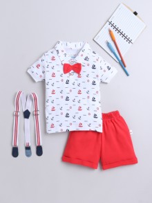 BUMZEE White & Red Boys Half Sleeves T-shirt & Short Set With Bow Suspender