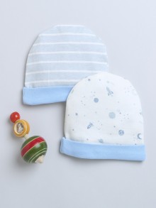 BUMZEE Sky Blue & White Baby Boys Round Cap Pack Of 2