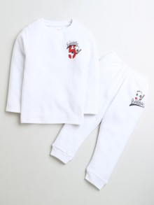 BUMZEE White Boys Full Sleeves Cotton Thermal T-Shirt & Jogger Set