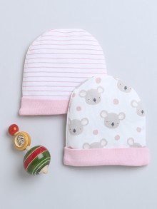 BUMZEE Baby Pink & White Baby Girls Round Cap Pack Of 2