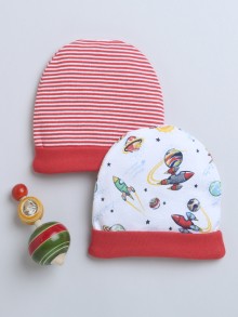 BUMZEE Red & White Baby Boys Round Cap Pack Of 2