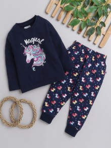 BUMZEE Navy Girls Full Sleeves T-Shirt & Pyjama Set