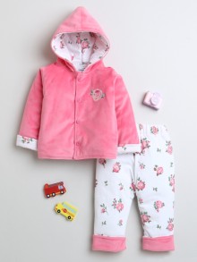 BUMZEE Pink & White Girls Full Sleeves Polyfill Winter Wear Set