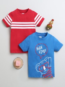 BUMZEE Blue & Red Boys Half Sleeves Cotton T-Shirts Pack Of 2