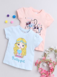 BUMZEE Sky Blue & Peach Girls Cap Sleeves T-Shirts Pack Of 2