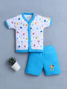 BUMZEE Blue & White Baby Girls Half Sleeves Jabla & Short Set