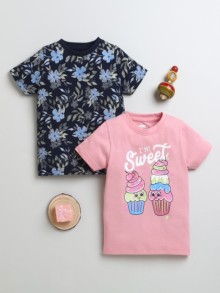 BUMZEE Navy & Pink Girls Half Sleeves Cotton T-Shirts Pack Of 2