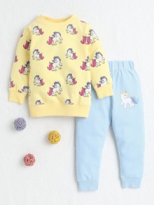 BUMZEE Yellow & Sky Blue Girls Full Sleeves Cotton Sweatshirt & Jogger Set