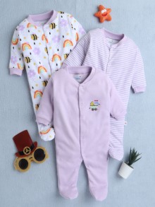 BUMZEE Lavender & White Baby Girls Full Sleeves Sleepsuit Pack Of 3