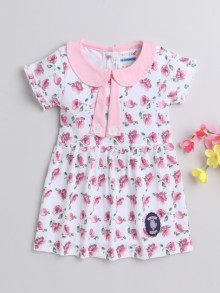 BUMZEE White & Pink Girls Cap Sleeves Cotton Frock