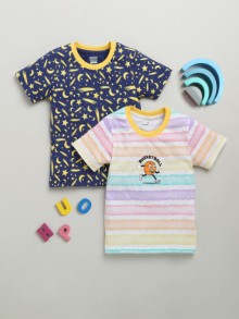 BUMZEE Indigo & Multi Boys Half Sleeves Cotton T-Shirts Pack Of 2